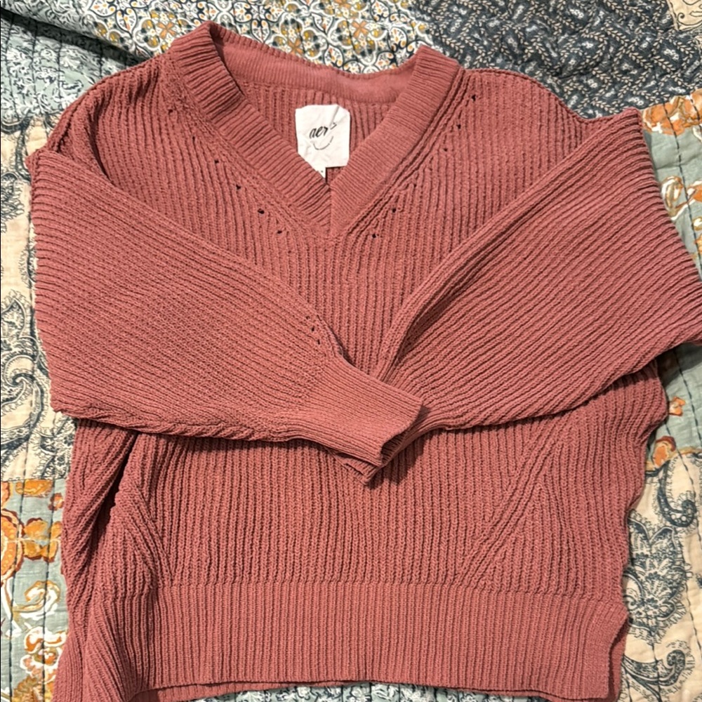 Aerie Pink V-Neck Sweater Cozy Ribbed Knit